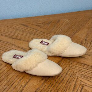 Vintage Suede Leather Slippers Faux Shearling Fur Insole Beige Evans Slides Sz 8